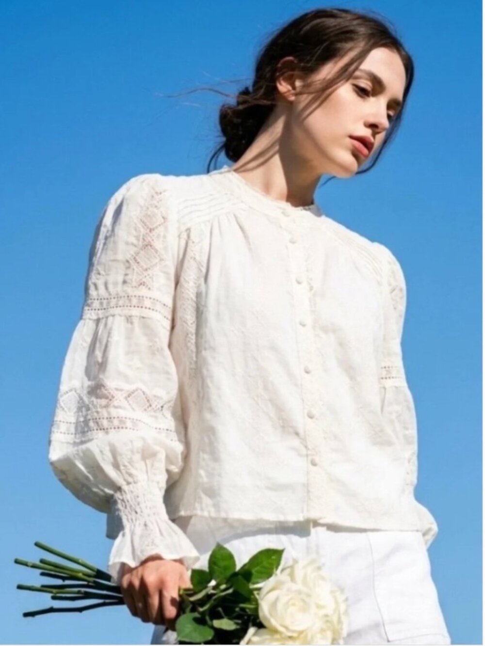 NWT CAROLINE CONSTAS Ivory Lace Balloon Sleeve Romantic Blouse Small